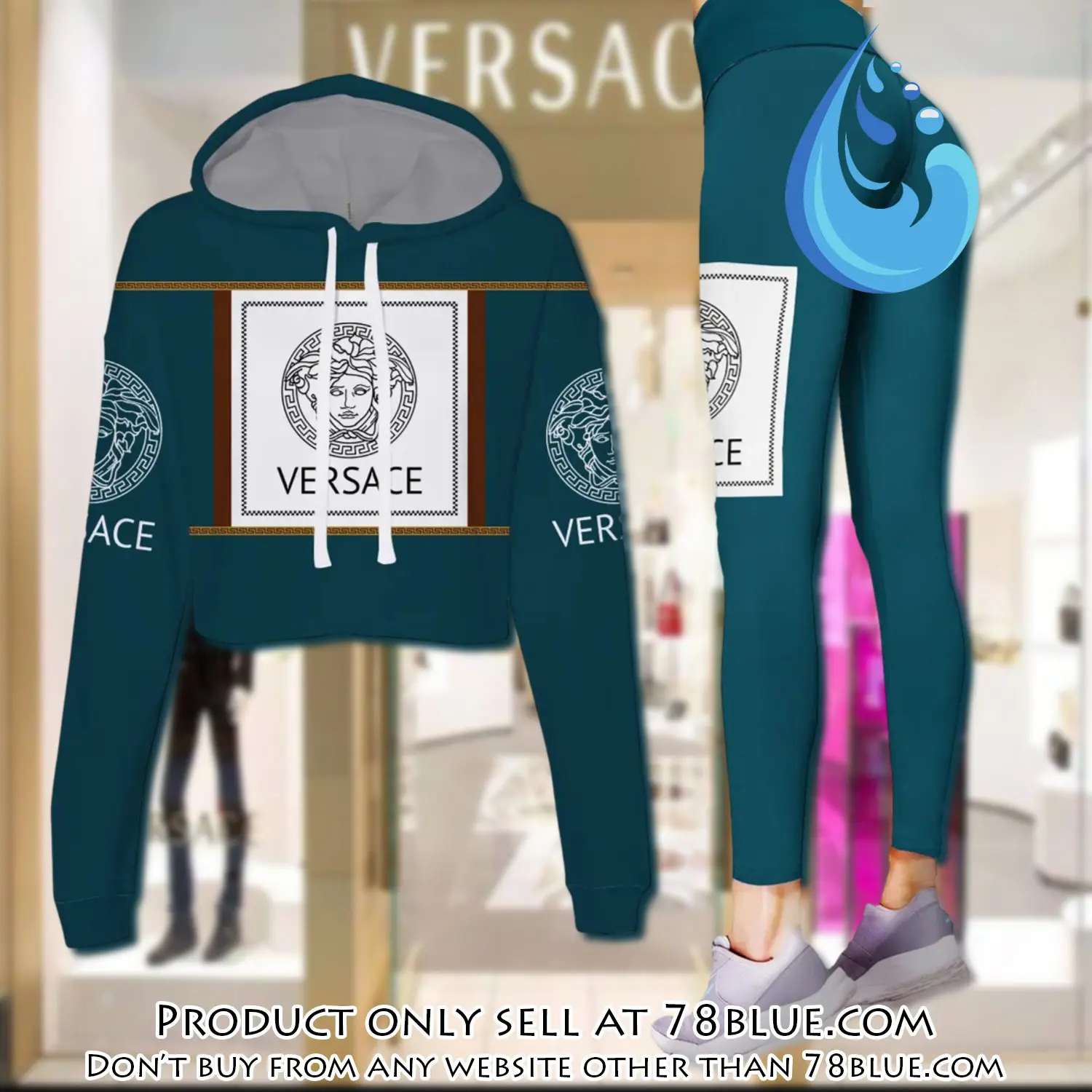 Versace teal color luxury brand clothes leggings and crop top set for women 78b0522550